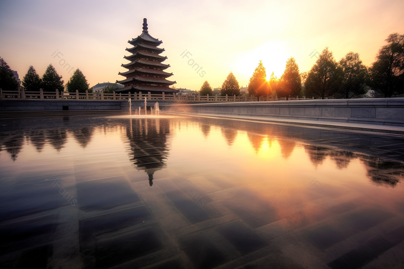 夕阳下的树林与护城河高清特写摄影图,高清,摄影图,摄影图片,图片大全,摄影图免费下载